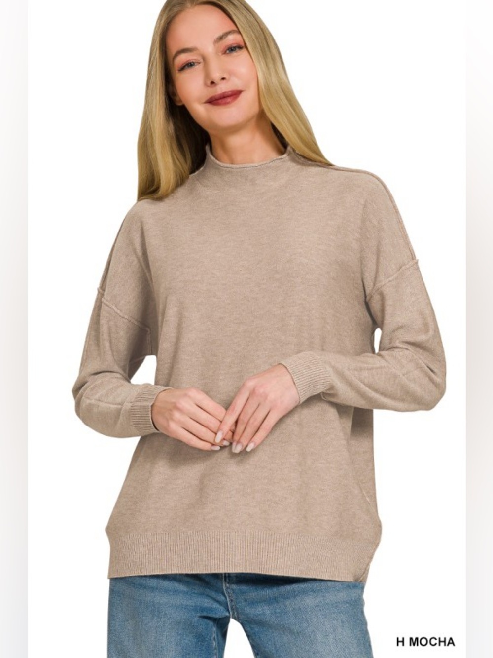 NWT Zenana Mocha Viscose Mock Neck Exposed Seam Sweater